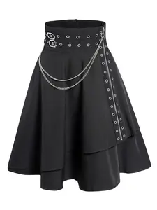 DRESSLILY 2026 Women's Gothic Skirt Plain Color Grommet Chain Embellishment Zipper Fly Layered A Line Mini Skirt