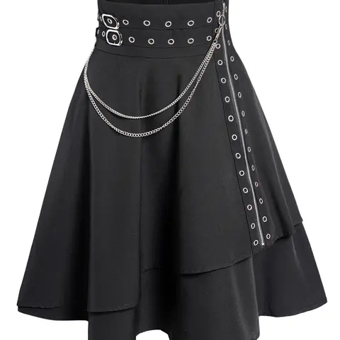 DRESSLILY 2026 Women's Gothic Skirt Plain Color Grommet Chain Embellishment Zipper Fly Layered A Line Mini Skirt