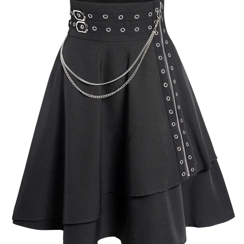 DRESSLILY 2026 Women's Gothic Skirt Plain Color Grommet Chain Embellishment Zipper Fly Layered A Line Mini Skirt