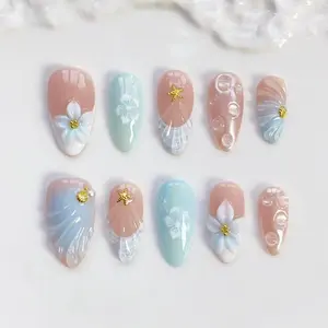 milo.nail&care Seashell Bloom Press-On Nails, Coastal Floral Art & Ocean Wave Detail, Glossy Pastel Beach Vacation Handmade Summer Nail Set, Resort Escape Inspired