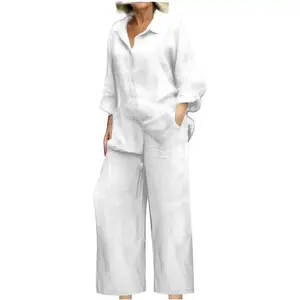 Linen Sets for Women 2 Piece Long Sleeve Shirts & Wide Leg Trousers Loose Fit Dressy Cotton Linen Sets Outfits