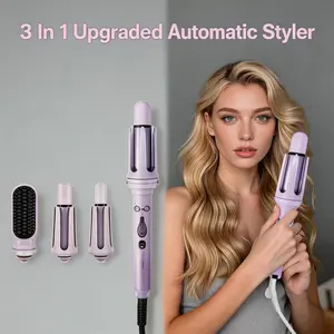 CESTVEEL 3-in-1 Multifunctional Hot Tool - Automatic Curling Iron with 2 Ceramic Barrels (1in, 1.25in), Ceramic Hair Straightener Brush for Curly Hair