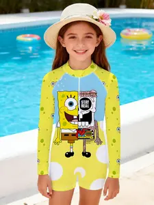 Girls' swimsuit "SpongeBob Trendy Play Sunscreen Style" with yellow and white color contrast + semi-mechanical SpongeBob printed long-sleeve swimsuit, which is playful and unique, and looks super eye-catching when playing in water parks / beaches