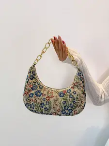 Fashionable Metal Chain Clutch Bag With Crescent Moon & Butterfly Pattern, Casual Burlap Handbag For Women Valentines