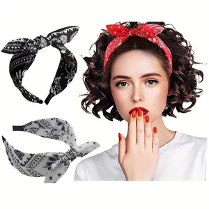 Summer New Simple Retro Fashion Paisley Flower Bow Rabbit Ear Wide Bright Color Fabric Headband Bundle for Women