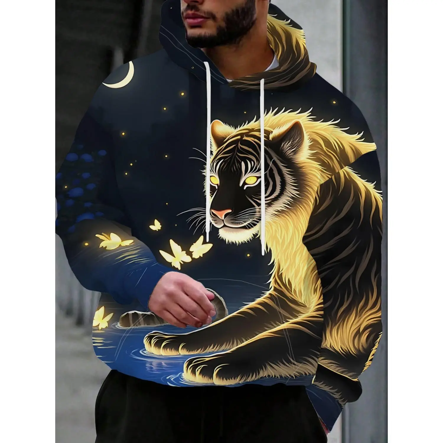 Immerse Yourself in Men's Streetwear with the Moonlit Forest Hoodie: Tigers by the Water and Fluorescent Butterflies in a Tranquil Fantasy. This Trendy Pullover Boasts Artistic Prints and Unique Patterns.