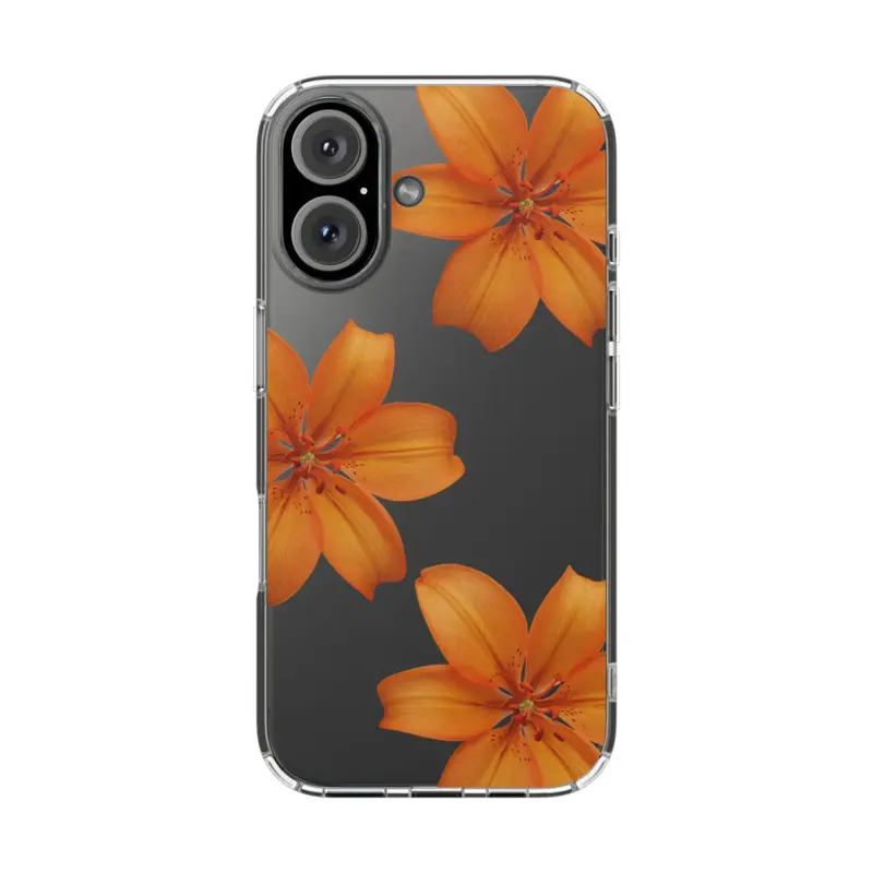 Clear Phone Case With Orange Lillies - Stylish Tough Protection with Unique Modern Pattern for Everyday Use & Gift Giving - Lexan Plastic with UV Protection & Lay-Flat Bezel