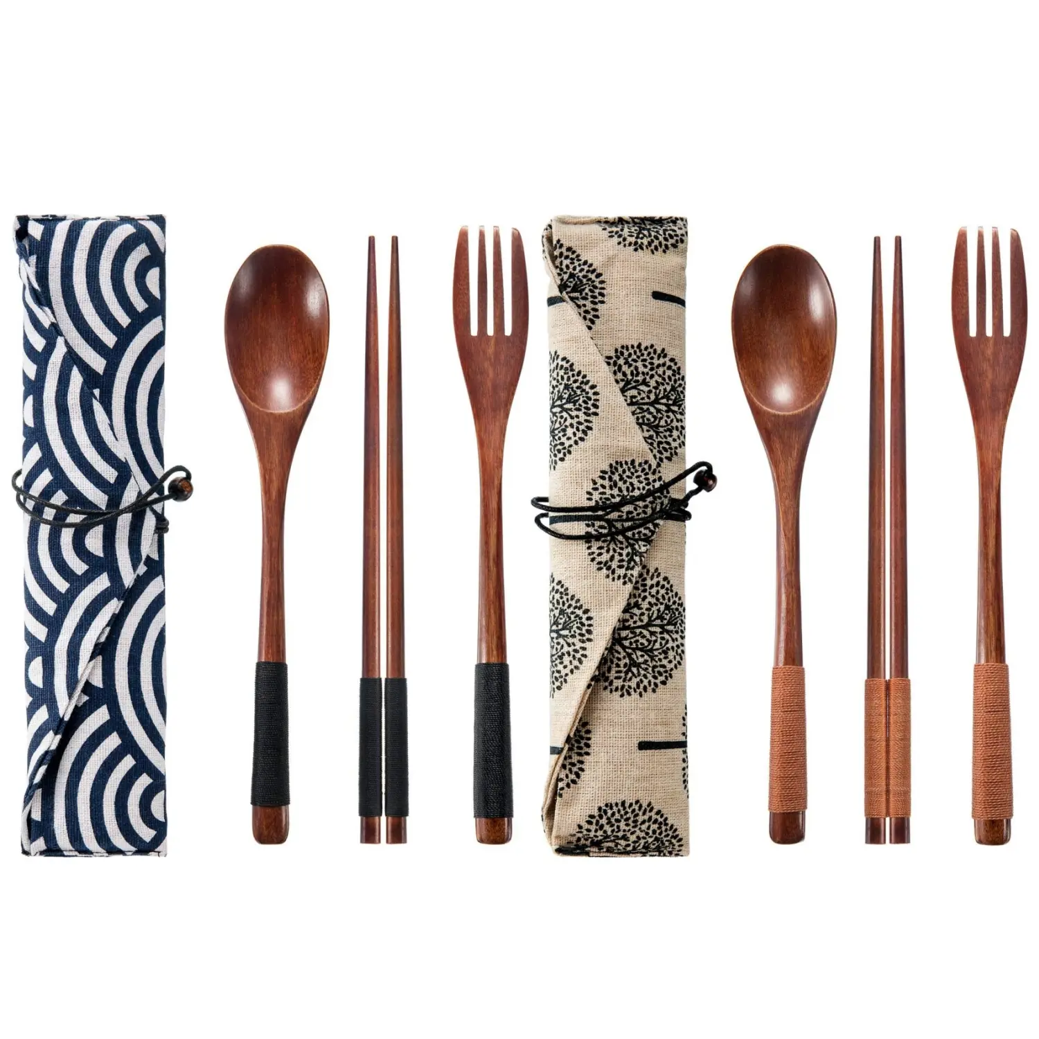 2-Set Retro Portable Raw Lacquer Natural Wood Cutlery Kit - Vintage Utensils Set, Home & Dish Cutlery, Reusable Fork/Spoon/Chopsticks with Tied Thread, Eco-Friendly Travel Serving Utensils for Camping Gatherings
