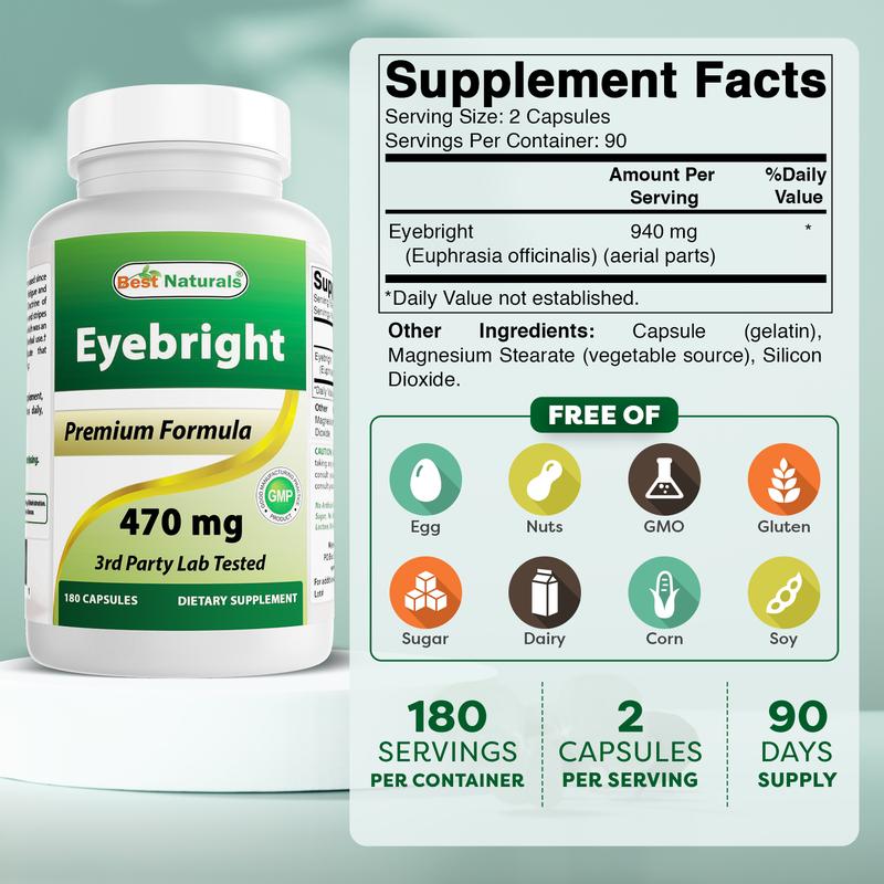 Best Naturals Eyebright 470 mg 180 Capsules - Herbal Supplement for Eye Health & Vision Support - Made in USA - Premium Formula