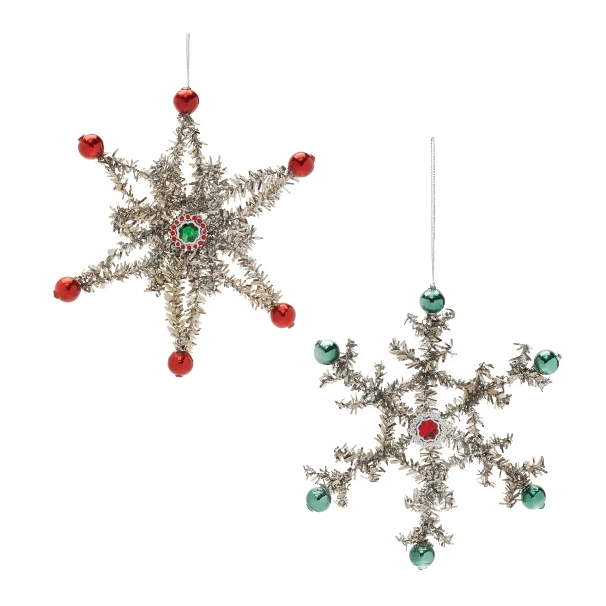 Melrose 94171DS Warm Metallic Jeweled Snowflake Ornaments, Set of 12, 5.5 in. Plastic & Tinsel Christmas Decorations, with 360-Degree Stand & Hanger, Silver/Green/Red Traditional Tree Accent, 1.64 Lbs