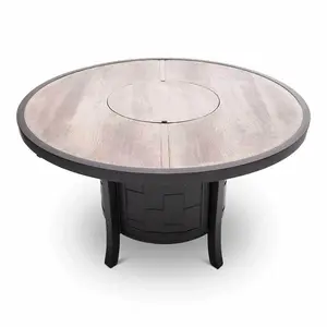 Castelle Classical 49" Round Fire Pit Dining Table Woodgrain Weathered Wood Top and Antique Dark Rum Finish