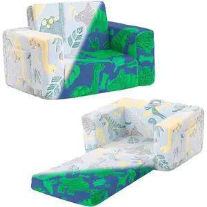Sofa, 2-in-1  Sofa Chair, Convertible  Couch to Lounger, Flip Out  Sofa Chair, Glow in The Dark  Armrest Chair Bed for Girl or Boy (Grey Dinosaur)