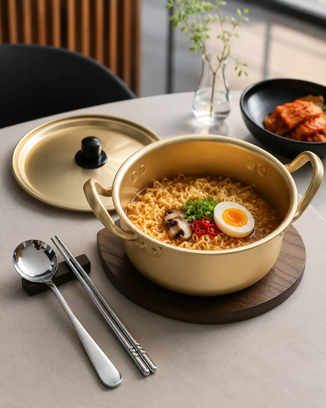 Korean Ramen Cooking Pot with Lid, Spoon and Chopsticks, Fast-Heating Double-Handle Noodle Pot, 6.3 Inch