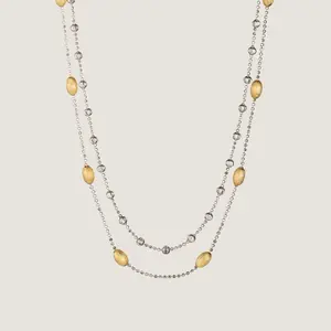 D-POW S925 Double Layer Necklace, Sterling Silver with Brushed Nut Shell Beads, 50cm Minimalist Dainty Jewelry for Women, Gift for Birthday Wedding Anniversary