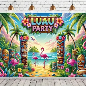 2D Flat Banner 1pc ， Vibrant Tropical Hawaiian Luau Party Backdrop Banner - Durable Polyester Fabric with Palm Trees, Flamingos, Pineapples & Tiki Statues - All-Season Indoor/Outdoor Decor for Weddings, Birthdays, Anniversaries, Garden Parties