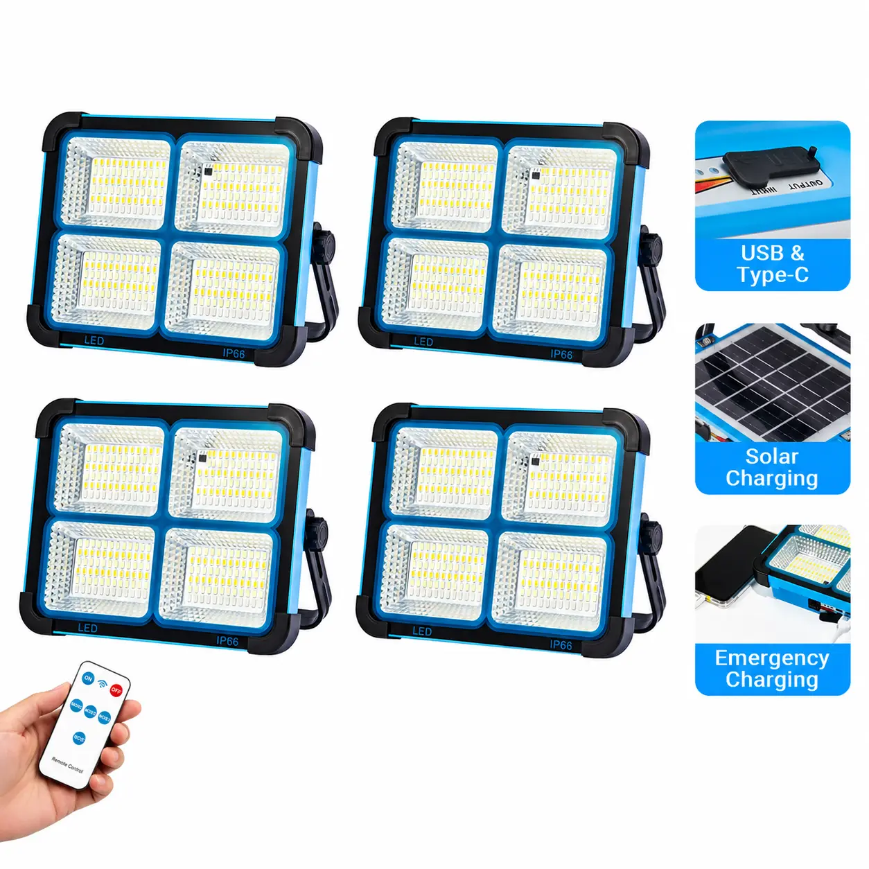 Qawtor 4-Pack Solar Rechargeable LED Flood Lights - 288 Super Bright 5730 LEDs, High Lumen Brightness, USB/Type-C Charging, 5 Modes, IP66 Waterproof, Magnetic, Emergency SOS, Adjustable Stand, Multifunction Cordless Work Light for Home, Outdoor