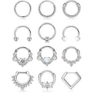 12pcs 16G Septum Rings for Women Men Hypoallergenic Surgical Steel Nose Piercings Jewelry Clicker Hinged Tragus Hoop Earrings CZ Love Nose Ring 8-10mm