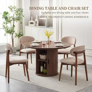 5-Piece Round Dining Table Set with Storage, 4 Upholstered Chairs – Space-Saving, Ergonomic for Kitchen/Dining Room – Natural Wood & Light Camel   dining furniture