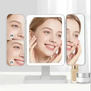 Perfect Your Look: Tri-Fold Lighted Mirror – 3X & 2X Magnification, 3 Color Modes & Touch Dimming for Desk/Vanity