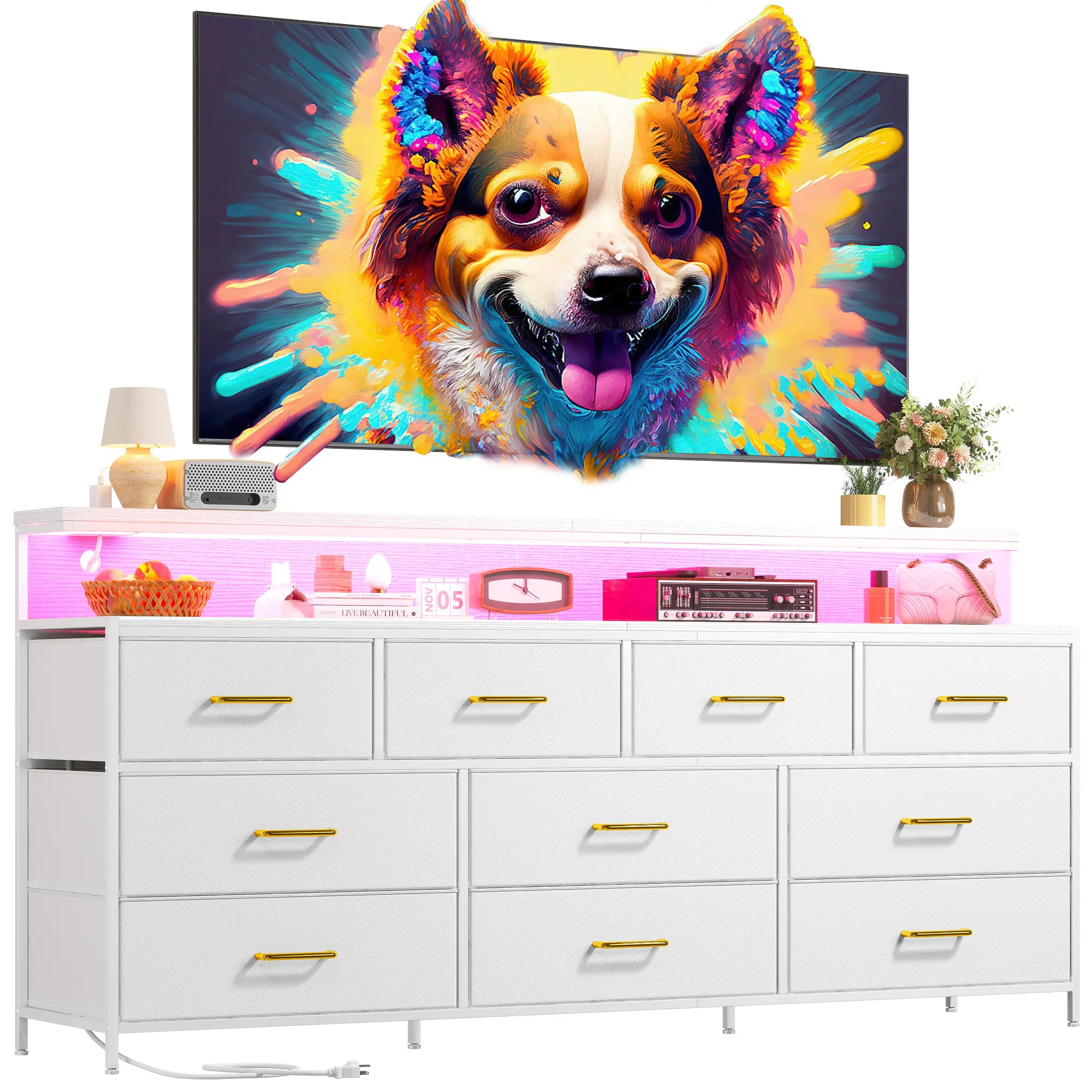 Raybee 55" W Viral Dresser for Living Room with 10 Fabric Drawers, LED Lights & Power Outlets, Metal Frame, Wood Top,Chests of Drawers Dresser