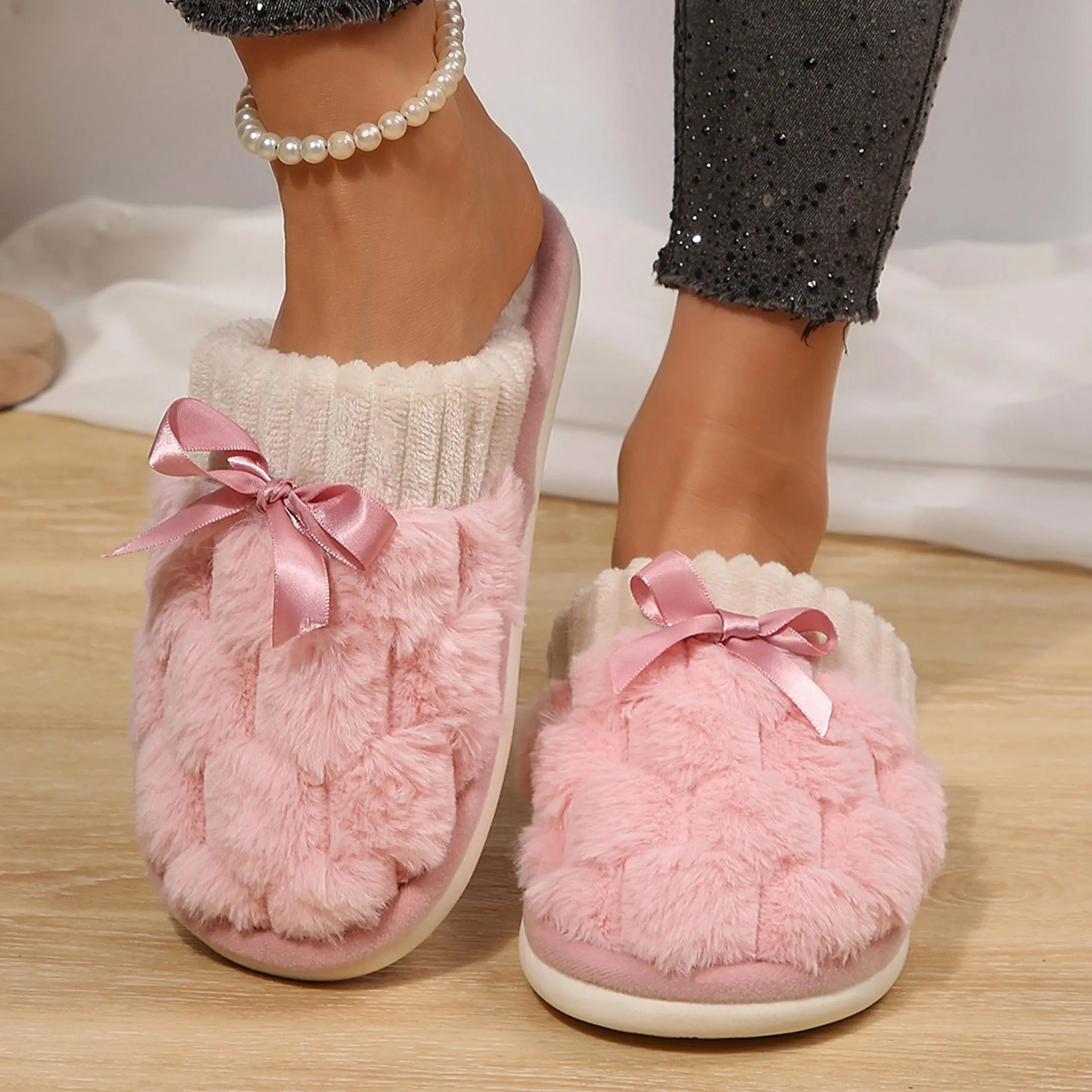 Kawaii Ribbon Bow Furry Home Slippers for Ladies Warm Plush Lined Open Back Slides Winter Indoor Footwear