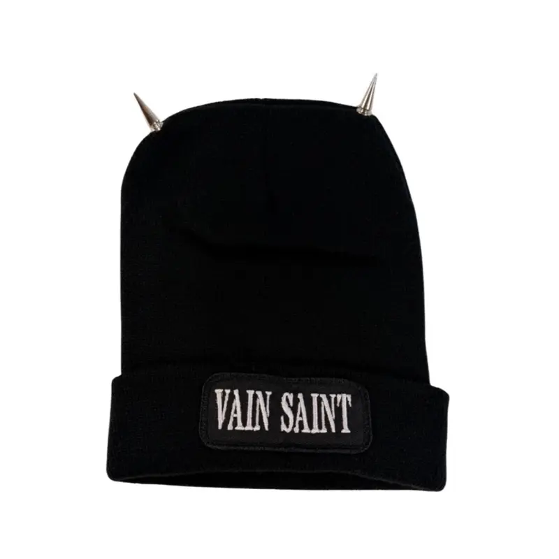 Vain Saint Horn Studded Beanie - Black Knit Hat with Spikes for Stylish Warmth