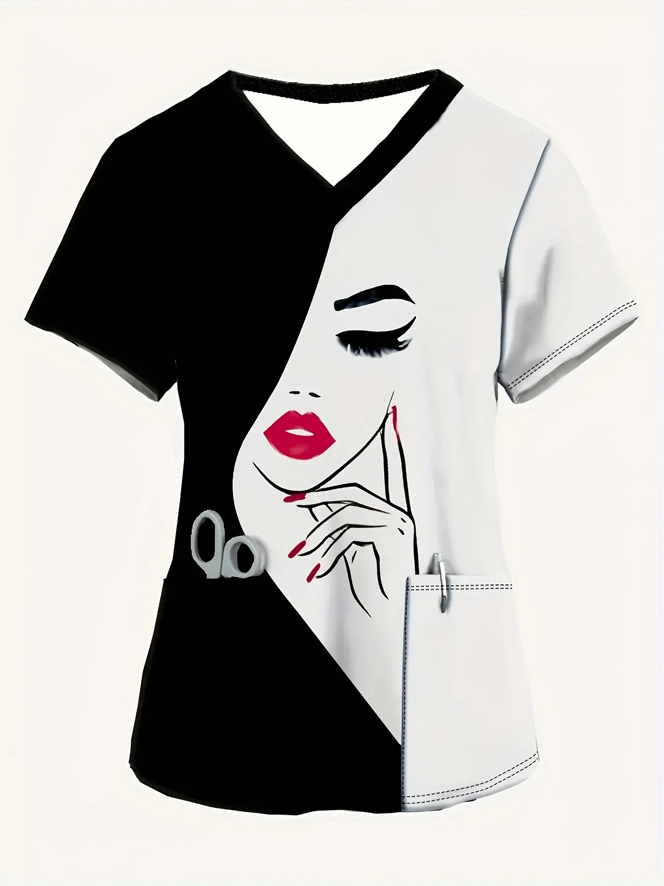 Women'S Stylish Short-Sleeve V-Neck Top, Featuring a Casual And Comfortable Design for Nurses with Pockets