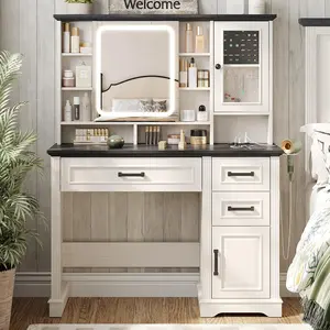 Vabches Vanity Desk with Mirror and Lights, Makeup Vanity with 3 Drawers and Power Outlets, Vanity with Lights, Farmhouse Makeup Vanity, Dressing Table for Bedroom