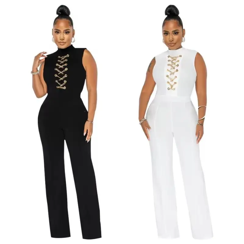 Women’s Elegant Sleeveless Mock Neck Wide Leg Jumpsuit with Gold Chain Detail – Formal Party Romper