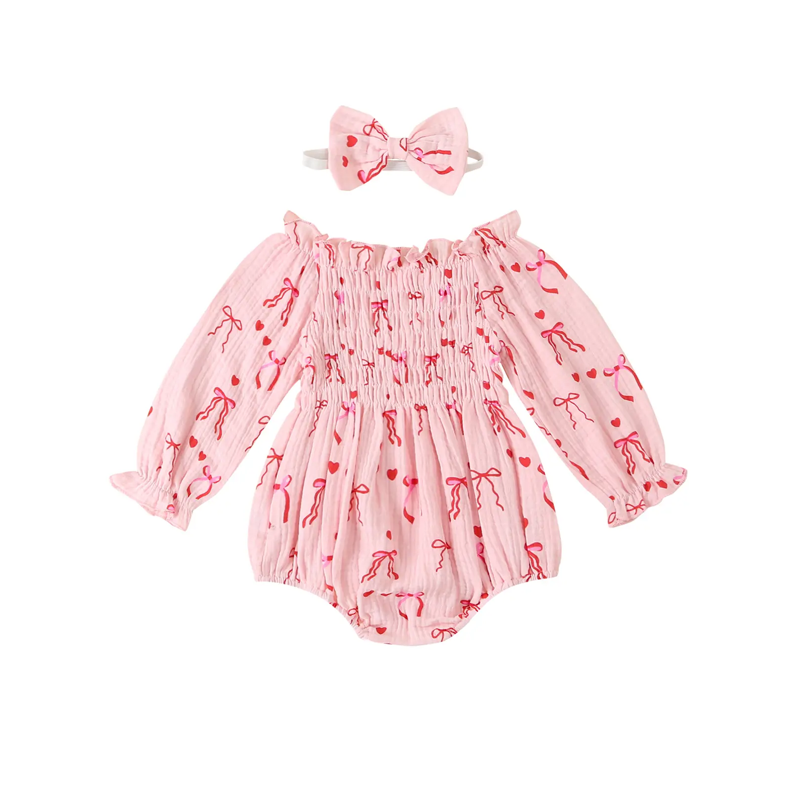 Baby Girls Rompers Bow Heart Print Smocked Off Shoulder Long Sleeve Jumpsuits Fall Winter Spring Clothes Bodysuits with Headband Newborn Infant Girls