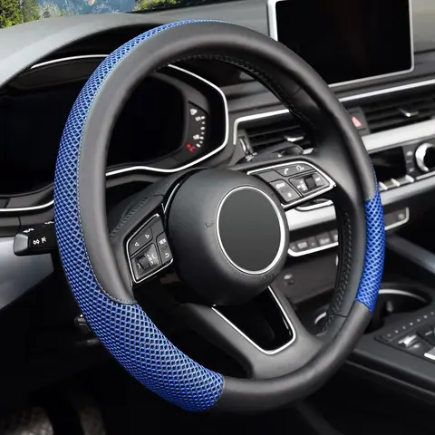 Steering Wheel Cover, Universal 15 inch, Microfiber Leather Viscose, Breathable, Anti-Slip,Warm in Winter and Cool in Summer, Black&Blue