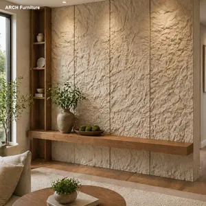ARCH 3D Faux Stone Wall Panels, 6 PCS PU Wainscoting Panel for Interior Wall Decor, Flame-resistant & Lightweight & Waterproof, for TV Wall, Office, Living Room,  47.24" * 23.62"(Rock Stone)(Linen), Natural Look, Flameproof, Wall Panel Molding