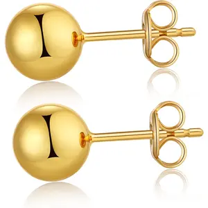 18K Gold Plated Sterling Silver Ball Stud Earrings for Women Men, Round High Polished Balls Studs Hypoallergenic, Butterfly Back (4mm/ 5mm/ 6mm/ 7mm/ 8mm)