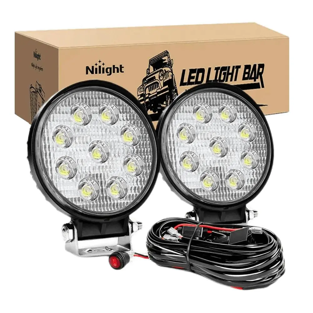 Nilight 4.5-Inch 27W Round High-Brightness Flood Beam LED Work Lights Kit (2pcs), 12FT Wire, Aluminum Fan, Backlights for Off-Road Automotive, Boat Lighting Accessories, 2Pcs 27W Flood Led Work Lights, Led Backlights, Bracket Mount