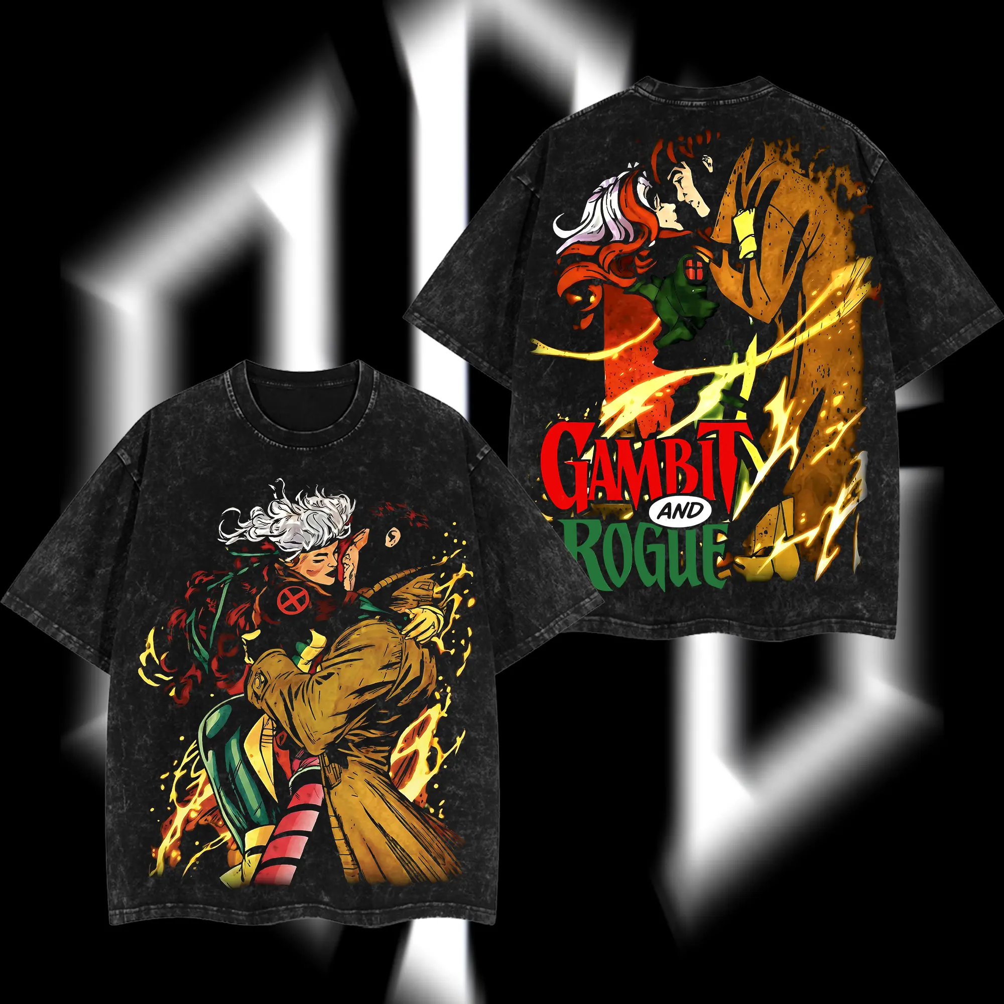 SuperStyle MCU Comics Gambit Card Master "Gambit x Rouge" Oversize Short-Sleeve Seamless T-Shirt, Classic Acid-Washed Cotton Fabric Apparel, Double-Printed Graphic Design Lightweight Streetwear Top for Men