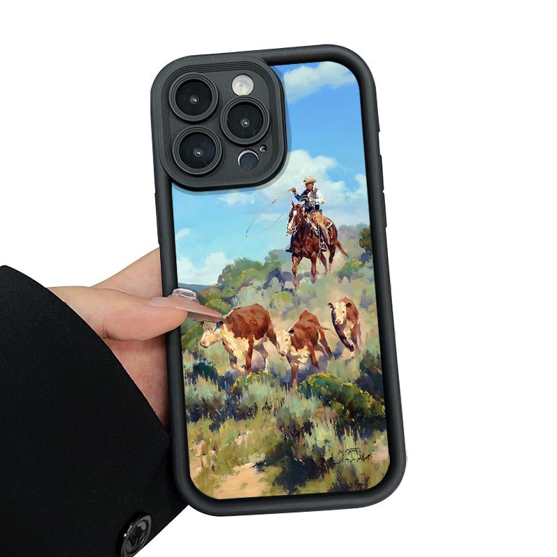 Cowboys driving cattle Pattern Man's Phone Case for iPhone 16 15 14 Pro Max 13 12 11 XR XS Plus Shockproof Non Slip Military-Grade Protection Silicone Cover Cellphone Protective Smartphone Casing