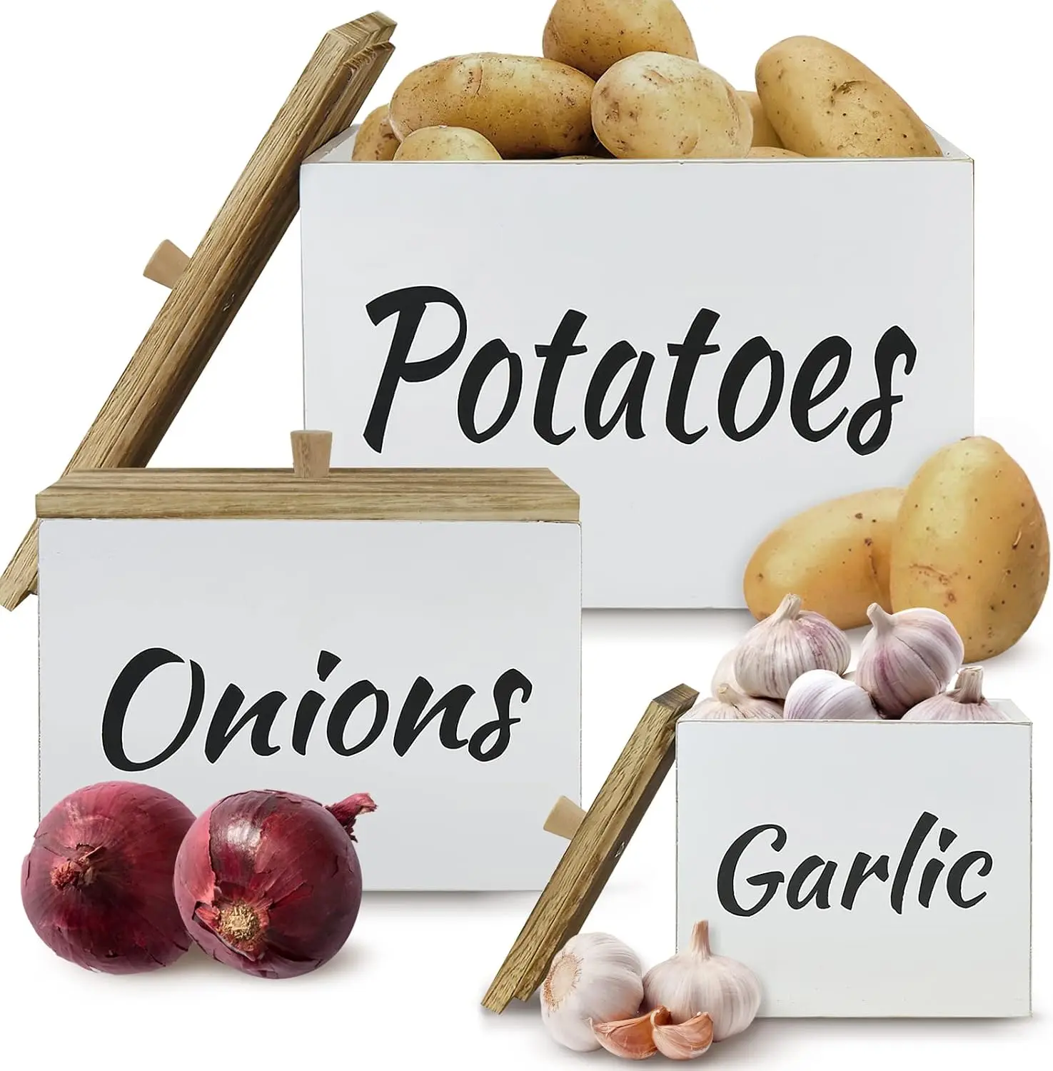 Potato Onion Garlic Storage Bins Set with Wooden Lids, Farmhouse Kitchen Countertop Vegetable Storage Containers