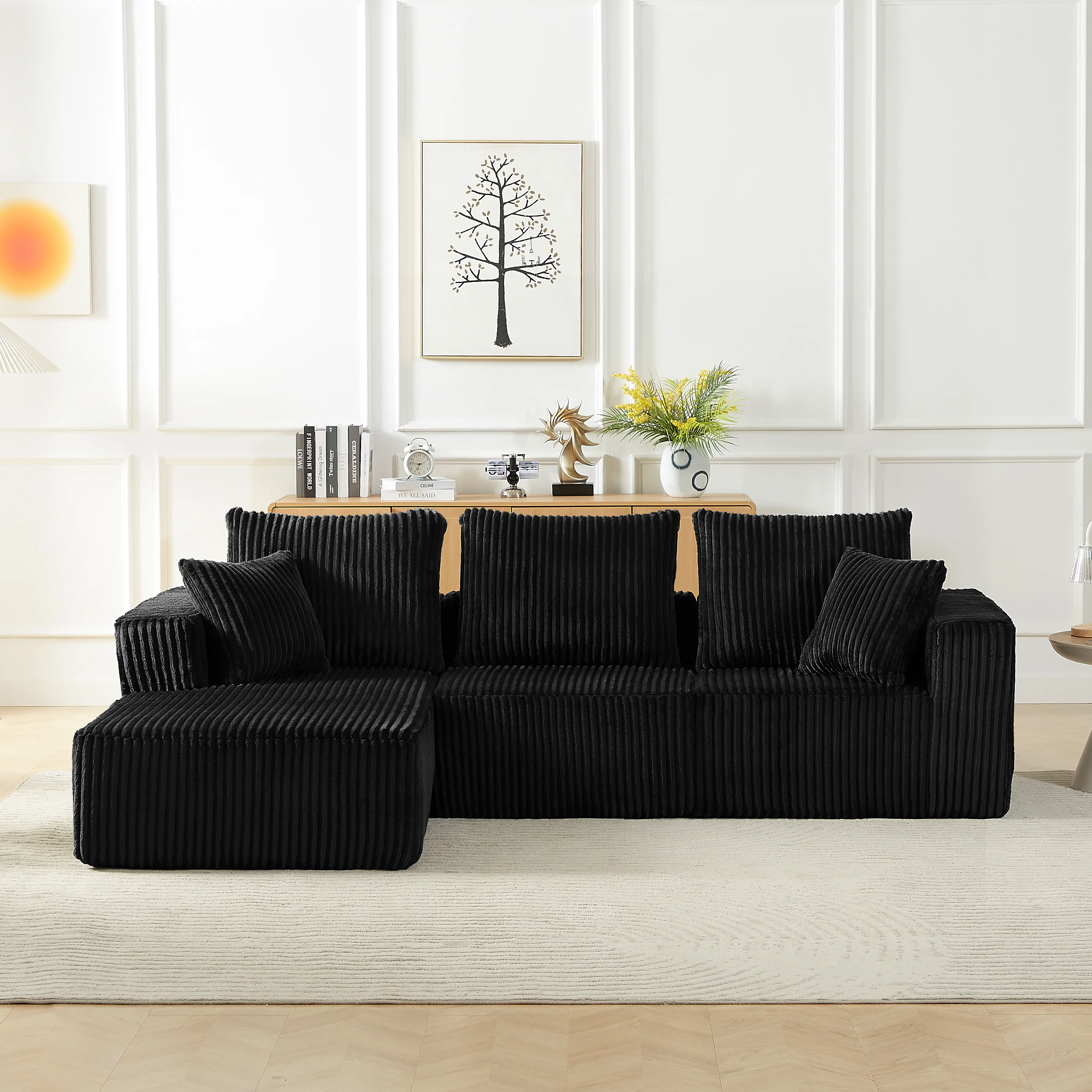 104 in Modular L-Shaped Corduroy Fabric Cloud Sofa, Boneless Upholstered Couch with Deep Seat, Modern Indoor Furniture for Living Room (Black)