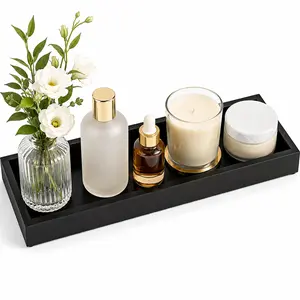 Black Wooden Vanity Tray for Bathroom Counter 11.2x4.3 Inch, Small Rectangle Wood Sink Soap & Lotion Organizer with Non-Slip Base, Dresser & Nightstand Decor Tray for Kitchen and Bedroom