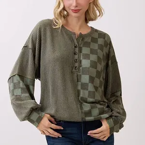 Olive Ribbed Top with Checkered Design - Perfect Everyday Wear for Women