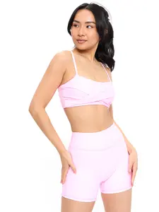 Ivy Wrap Sports Bra - Pink Gingham, Criss Cross Back Detail, Square Neckline, Adjustable Straps, Removable Pads, Summer Wear, NuBre Fabric