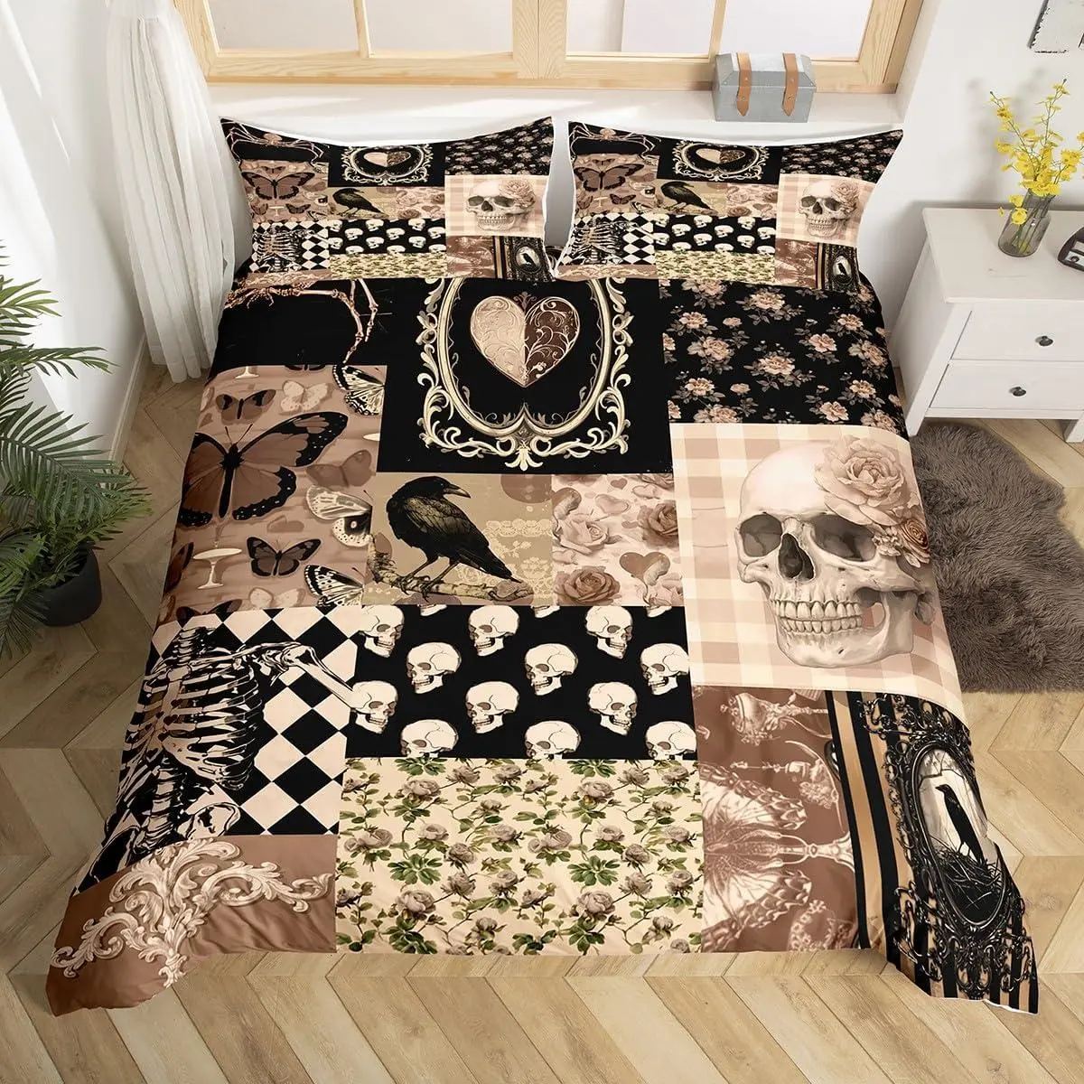 Feelyou Multi-Size Polyester Bedding Sets - Boho Bedding, Boho Skeleton Art, Gothic Patchwork Crow Moth Animal Pattern, Black-Brown Grid, Breathable All-Season Bed, Machine-Washable Vintage Hippie Quilt Cover Set for Teens, Home Decor, No Bleach
