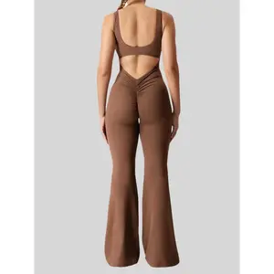 Women's Solid Color Backless Ruched Removable Chest Padded Flare Leg Jumpsuit, Casual Comfy Sleeveless U Neck Bell Bottom Jumpsuit for Daily Wear, Ladies Clothes for All Seasons, Womenswear