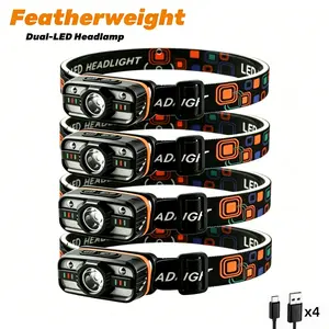4PC Lightweight Dual-Light Smart Sensor Headlamp, USB Rechargeable, 6 Modes Adjustable, Long Battery Life – for Night Fishing, Camping, Repair, Patrol, Emergency