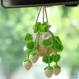 Crochet Strawberry Car Hanging Ornament, Cute Handmade Plant Basket Rearview Mirror Charm, Aesthetic Kawaii Car Decor, Soft Hanging Plant Accessory for Women, Gift Idea for Daily Mood Boost, Accessories For Car, Car Charms