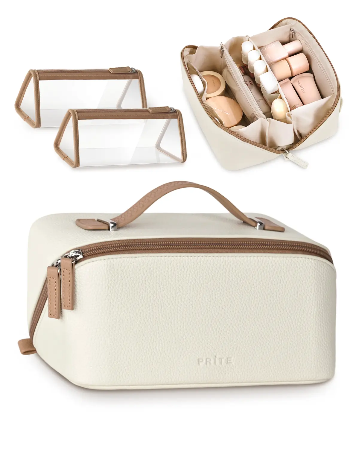 Prite 3 Pcs Makeup Bag Set Travel Cosmetic Organizer Vegan Leather Waterproof Toiletry Bag with 2 Clear Pouches for Women
