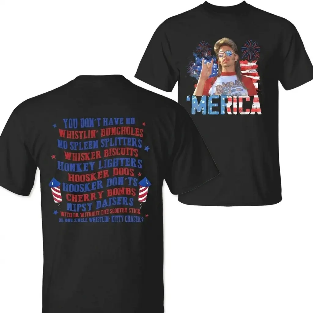 Joe Dirt Merica Fireworks Shirt, Party InThe USA 4th Of July Shirt, IndependenceDay Tee, 2 Sided Graphic Printed UnisexClassic Cotton T-shirts Womenswear Top,Menswear Top in all Sizes.,cnashirt,teck
