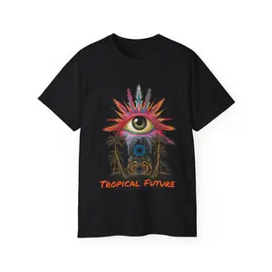 Psychic Eye in Palm Trees Psychedelic Graphic T-Shirt Casual Classic Cotton Fabric Menswear Top Unisex Fashion Smooth Canvas Medium