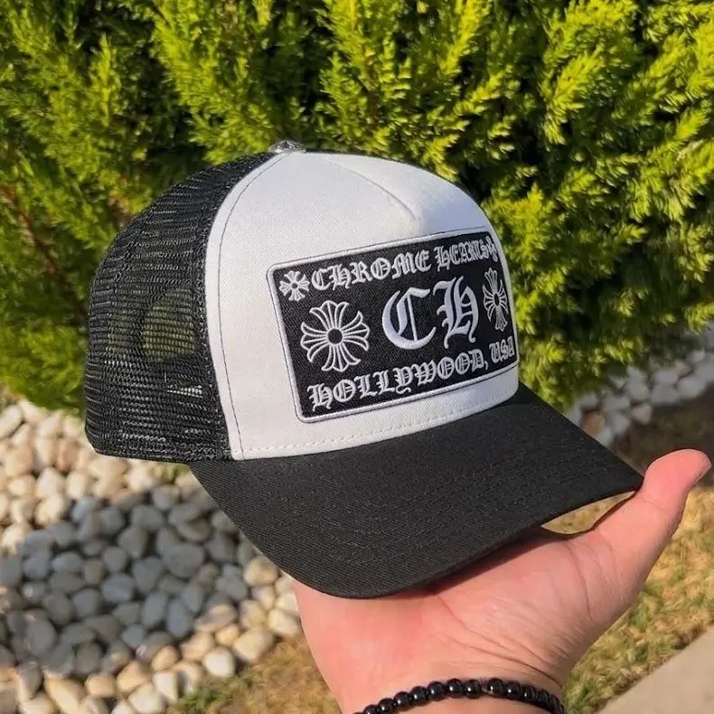 Chrome Hearts Black Trucker Hat – Embroidered Logo Mesh Cap, Adjustable Snapback Baseball Hat, Luxury Streetwear Headwear, Unisex Casual Fashion Outdoor Cap