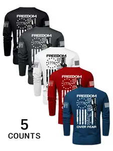 Men's 2-Piece Round Neck Classic Casual Fitted Long Sleeve T-Shirt Set, Fashion Flag Print, Perfect for Young Adults, Spring & Fall Wear